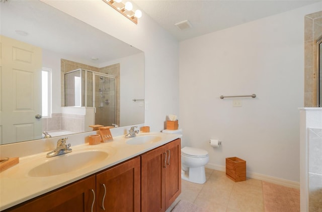 full bathroom featuring tile patterned flooring, vanity, toilet, and plus walk in shower