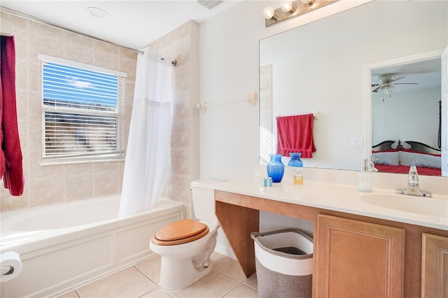 full bathroom featuring vanity, tile patterned floors, ceiling fan, toilet, and shower / bathtub combination with curtain