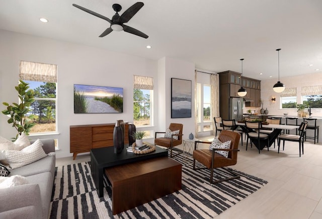 living room featuring ceiling fan