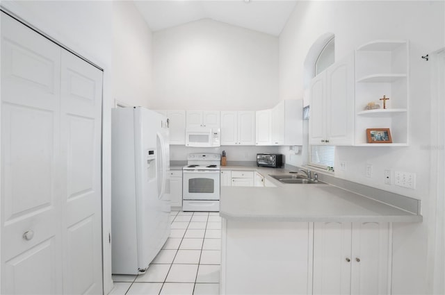 kitchen featuring kitchen peninsula, white appliances, sink, high vaulted ceiling, and white cabinets