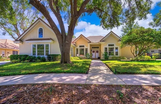 view of front of home featuring a front lawn and french doors