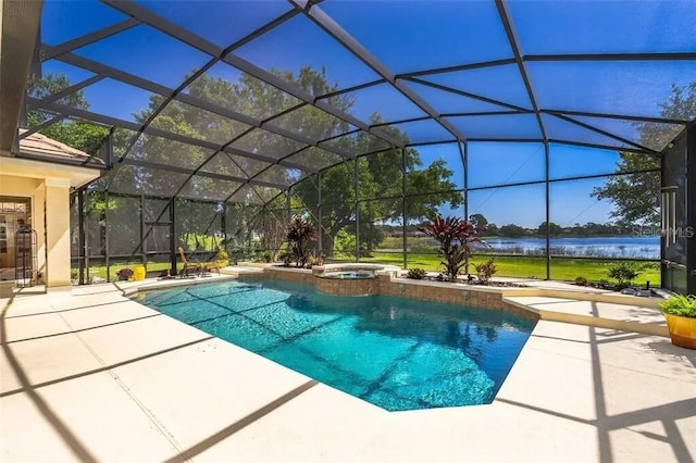 view of swimming pool with an in ground hot tub, a water view, glass enclosure, and a patio area