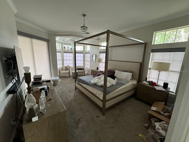 bedroom with dark colored carpet and crown molding