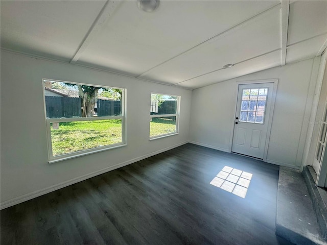 interior space with lofted ceiling and dark wood-type flooring