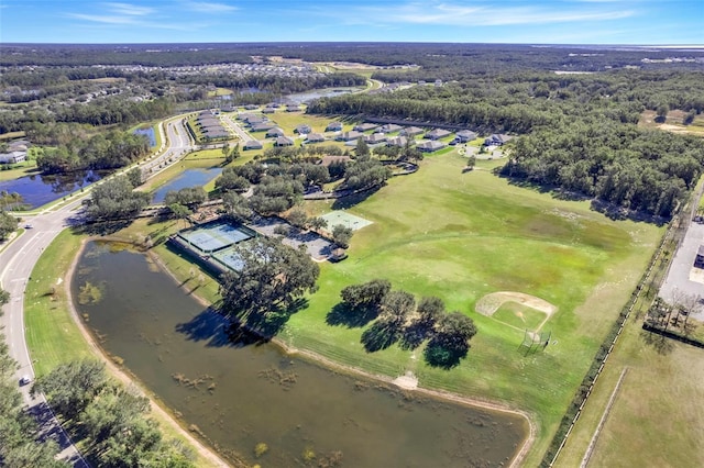 bird's eye view with a water view