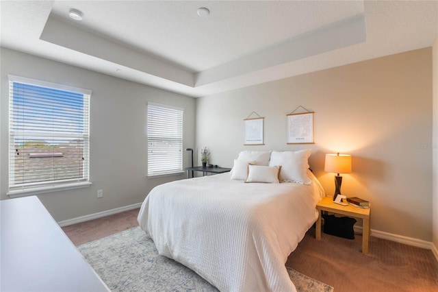 carpeted bedroom with a raised ceiling