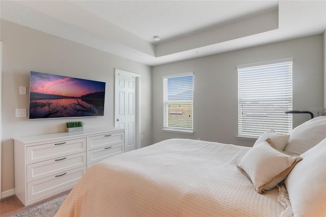 bedroom featuring light hardwood / wood-style floors and a tray ceiling