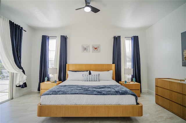 bedroom with access to exterior and ceiling fan