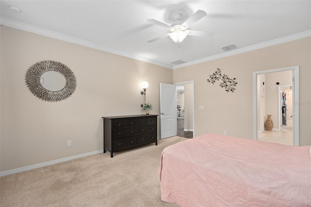 bedroom with ceiling fan, light colored carpet, and ornamental molding