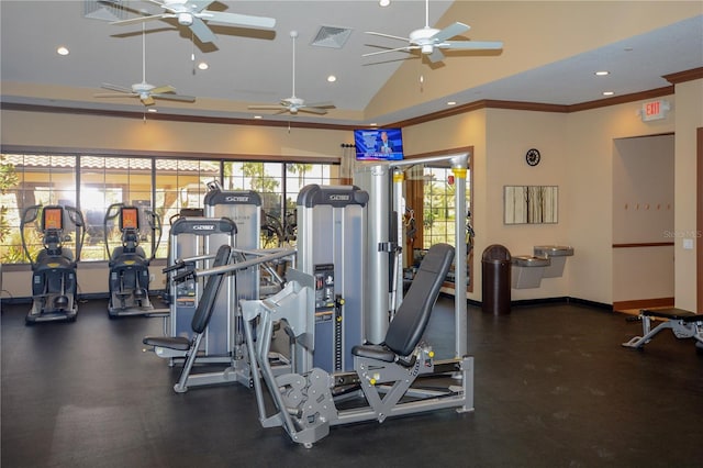 exercise room featuring crown molding and lofted ceiling