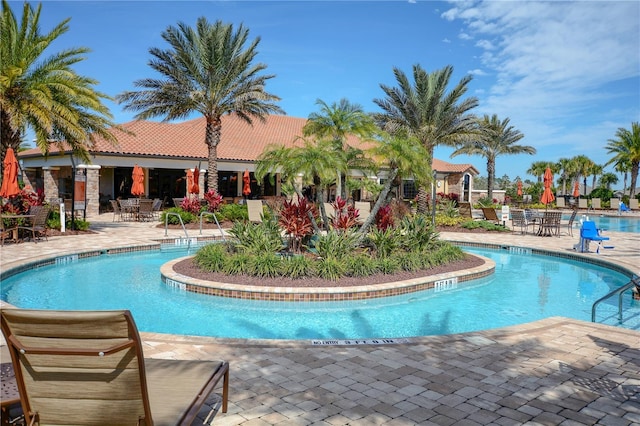 view of swimming pool featuring a patio