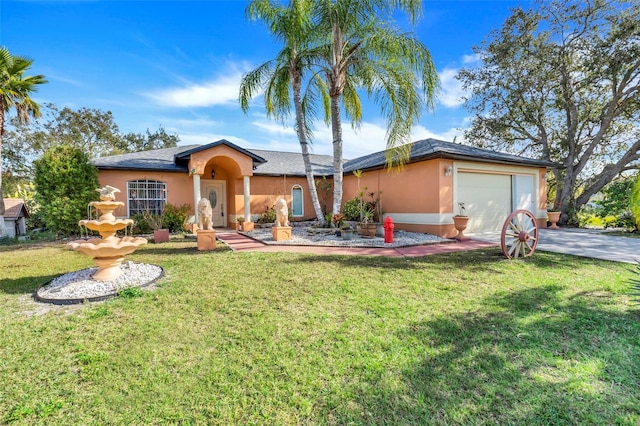 ranch-style home featuring a garage and a front lawn