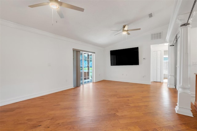 unfurnished living room with ceiling fan, light wood-type flooring, ornamental molding, and vaulted ceiling