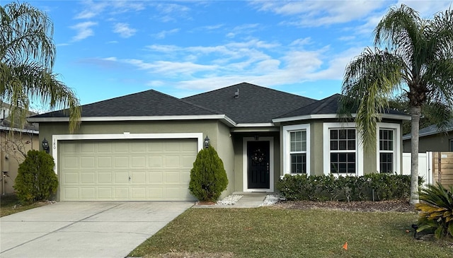 ranch-style home featuring a front lawn and a garage