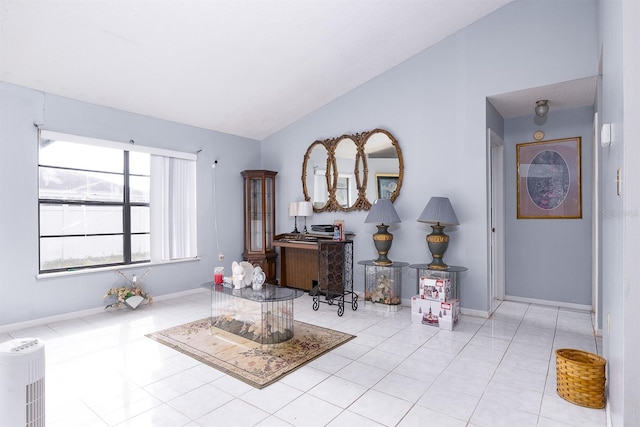 tiled living room featuring vaulted ceiling