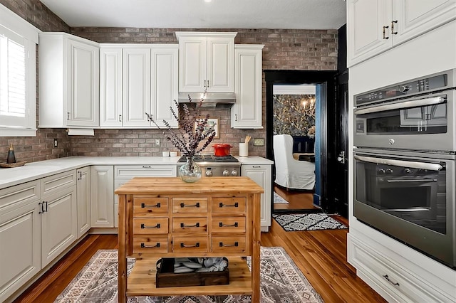 kitchen with dark wood finished floors, under cabinet range hood, white cabinets, and appliances with stainless steel finishes