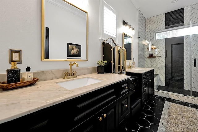 bathroom with a sink, two vanities, a stall shower, and tile patterned flooring