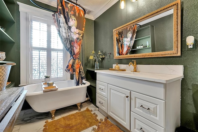 full bath featuring plenty of natural light, marble finish floor, a freestanding bath, and a textured wall