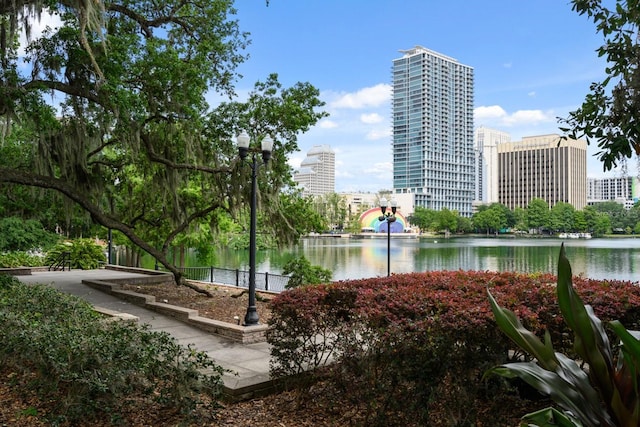 view of community featuring a water view and a city view