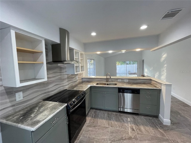 kitchen with electric range, dishwasher, sink, wall chimney range hood, and kitchen peninsula