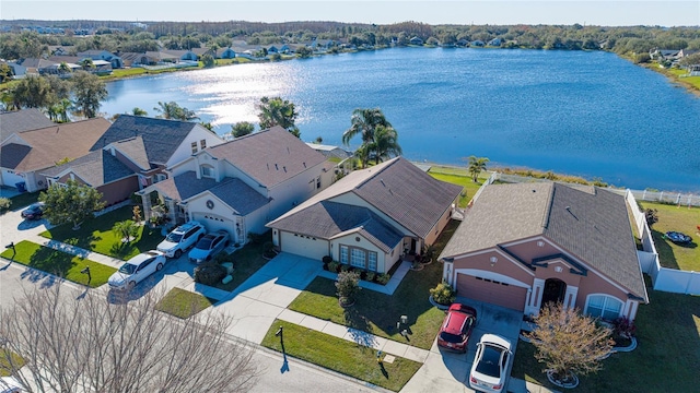 bird's eye view with a water view