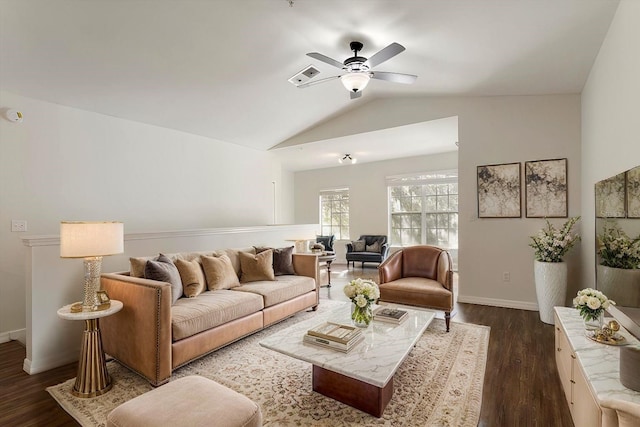 living room with dark hardwood / wood-style floors, vaulted ceiling, and ceiling fan