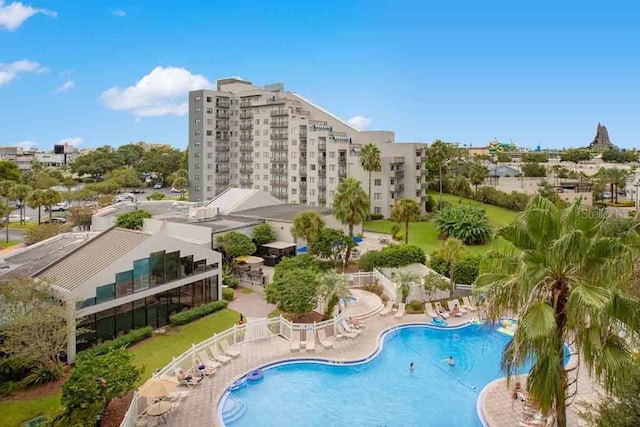 view of swimming pool with a patio