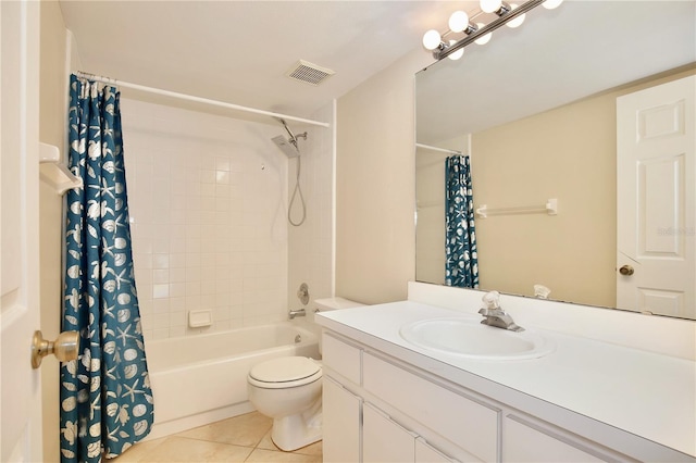 full bathroom featuring toilet, visible vents, vanity, tile patterned floors, and shower / bathtub combination with curtain