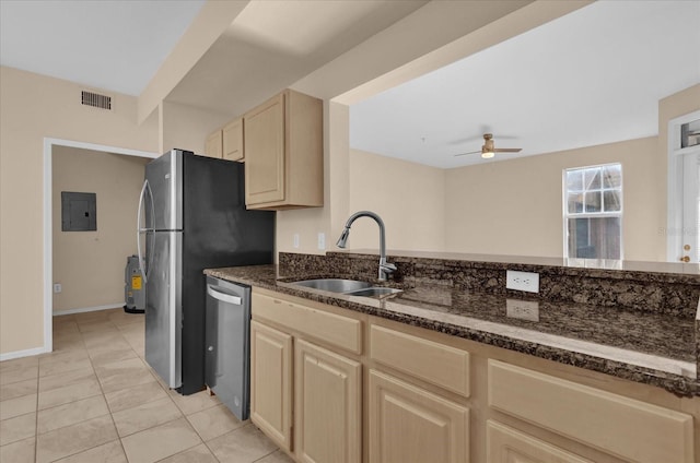 kitchen featuring ceiling fan, sink, dark stone countertops, dishwasher, and electric panel