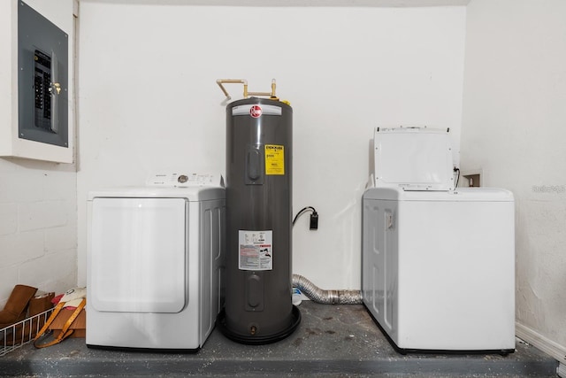 laundry room featuring washing machine and clothes dryer, electric water heater, and electric panel