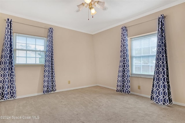 carpeted spare room with ceiling fan and crown molding