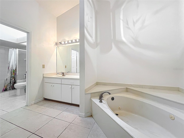 full bathroom with plus walk in shower, tile patterned flooring, vanity, and toilet