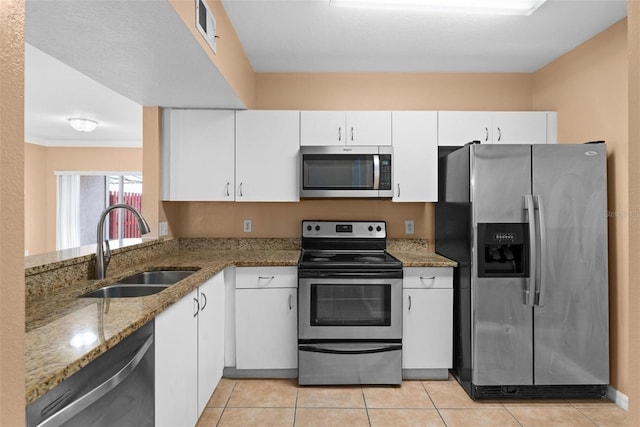 kitchen with white cabinetry, sink, stainless steel appliances, and stone countertops