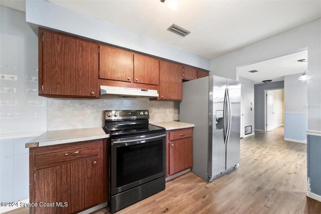 kitchen with decorative backsplash, light wood-type flooring, and appliances with stainless steel finishes