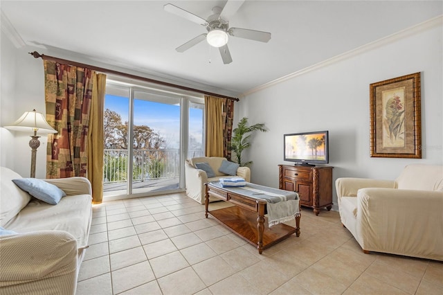 tiled living room featuring ceiling fan and crown molding