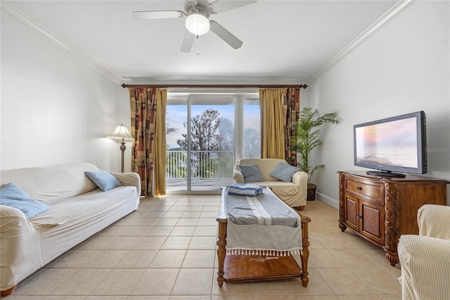 tiled living room with ceiling fan and ornamental molding