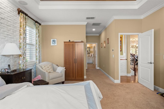 carpeted bedroom with crown molding