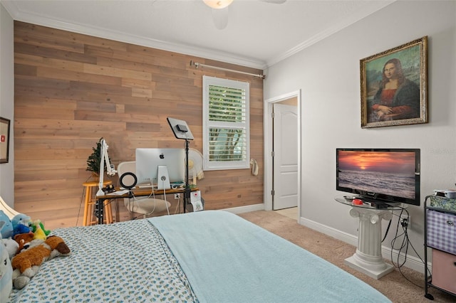 bedroom featuring ceiling fan, wood walls, ornamental molding, and light carpet