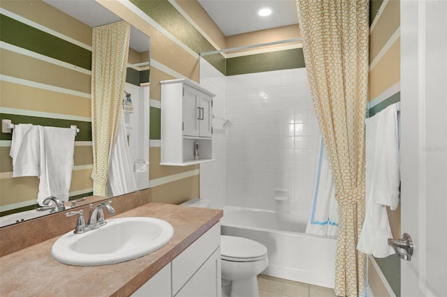 full bathroom featuring vanity, tile patterned flooring, shower / bathtub combination with curtain, and toilet