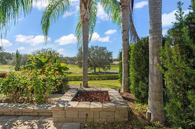 view of yard with a fire pit