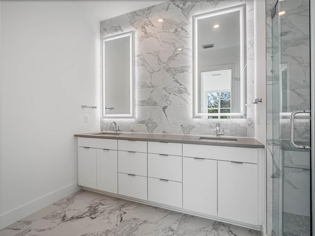 bathroom featuring vanity and walk in shower