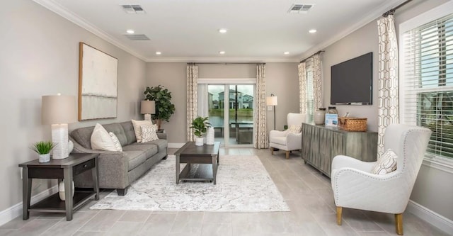 interior space featuring crown molding and light tile patterned flooring