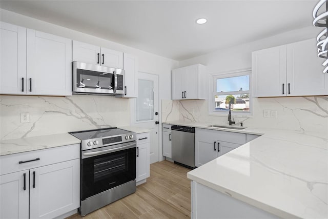 kitchen featuring white cabinetry, sink, stainless steel appliances, decorative backsplash, and light wood-type flooring