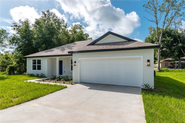 ranch-style house with a front lawn and a garage