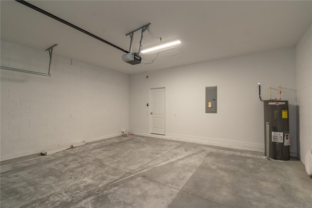 garage featuring a garage door opener, concrete block wall, electric panel, and water heater