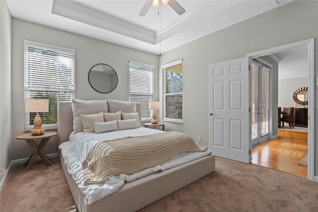 carpeted bedroom featuring ceiling fan, a raised ceiling, crown molding, and multiple windows