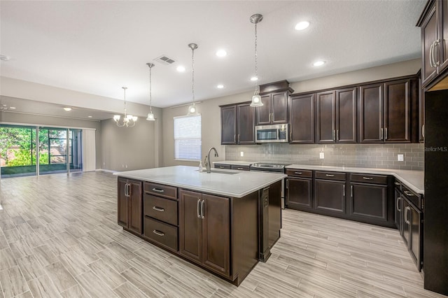 kitchen with dark brown cabinetry, sink, hanging light fixtures, stainless steel appliances, and an island with sink