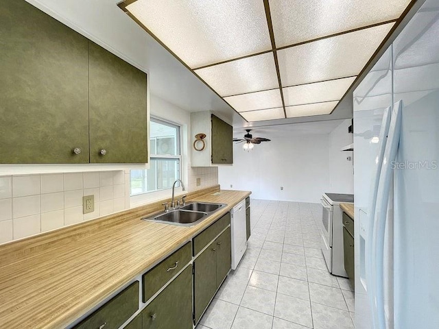 kitchen featuring ceiling fan, sink, white appliances, a paneled ceiling, and decorative backsplash