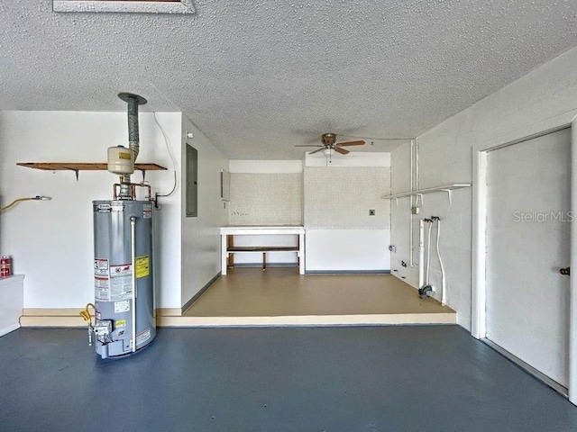 interior space featuring a textured ceiling, gas water heater, and ceiling fan