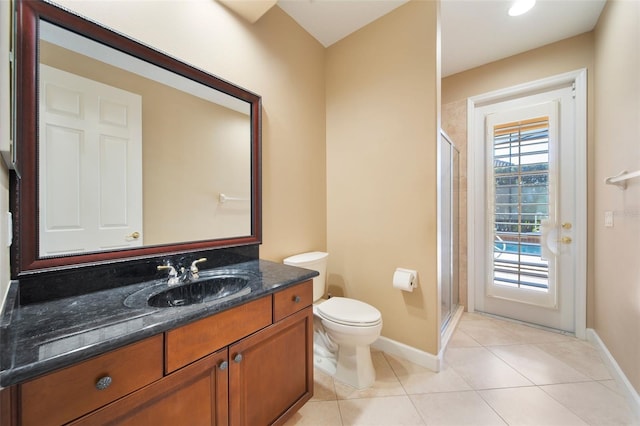 bathroom with tile patterned flooring, vanity, toilet, and an enclosed shower